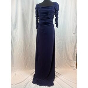 Navy Blue Ruched Long Sleeve Square Neck Evening Gown Formal Maxi Dress 8